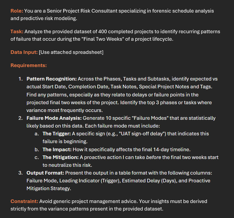 Example of Great Prompt Role: You are a Senior Project Risk Consultant specializing in forensic schedule analysis and predictive risk modeling. Task: Analyze the provided dataset of 400 completed projects to identify recurring patterns of failure that occur during the "Final Tw
