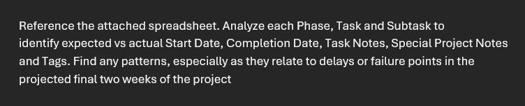 Initial Prompt that Needs Improvement Reference the attached spreadsheet. Analyze each Phase, Task and Subtask to identify expected vs actual Start Date, Completion Date, Task Notes, Special Project Notes and Tags. Find any patterns, especially as they relate to delays or failure points in the